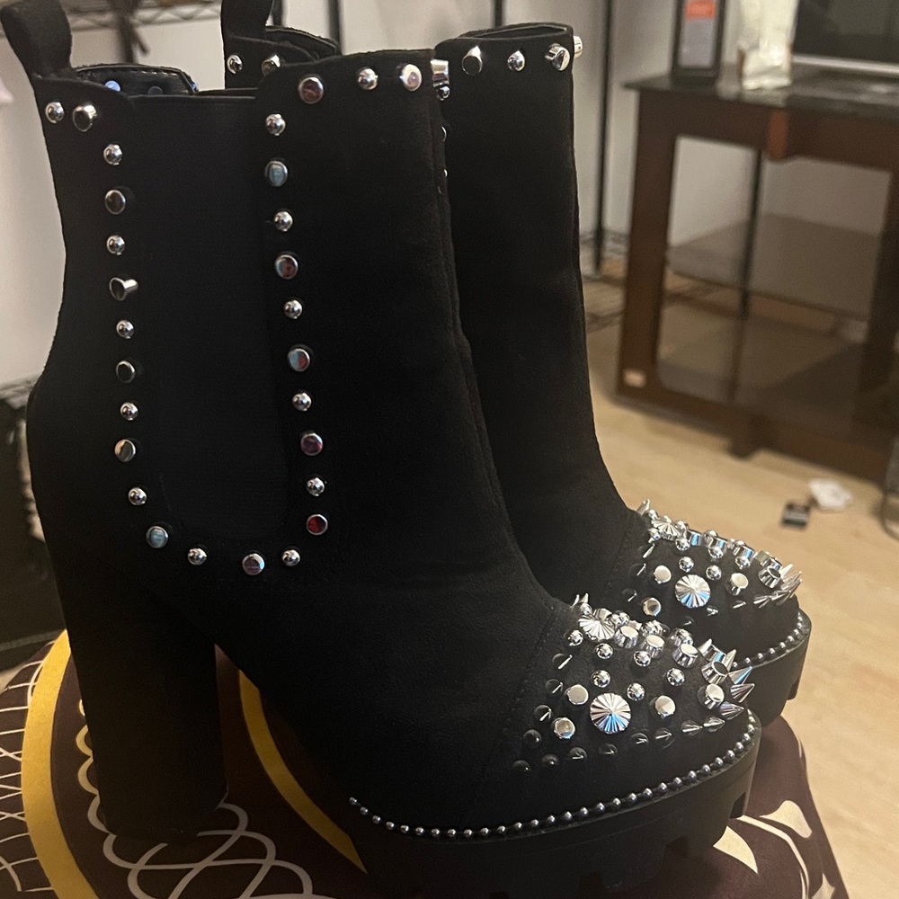 Fashion Nova Black Studded Heeled Boots